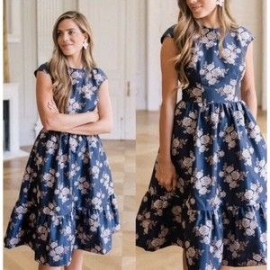 Gal Meets Glam Collection Blue Jenny Wallpaper Rose Jacquard Dress Size 2 NWT
